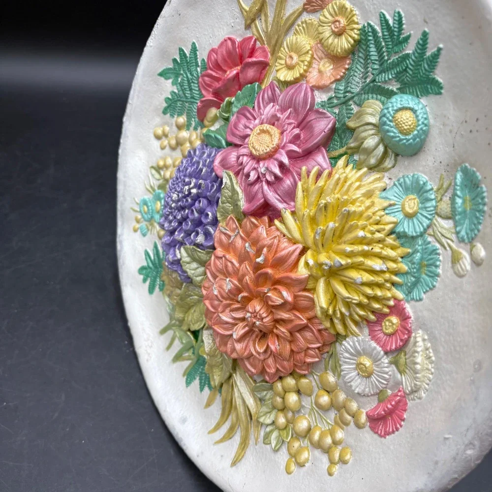 Vtg 3D Chalkware Floral Wall Plaque Dahlias Botanical Decor Cottagecore